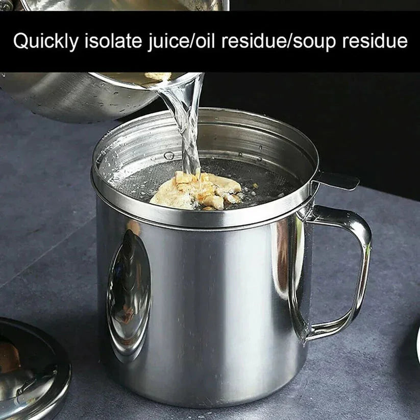 Stainless steel pot with a strainer being used to pour liquid over food residue.