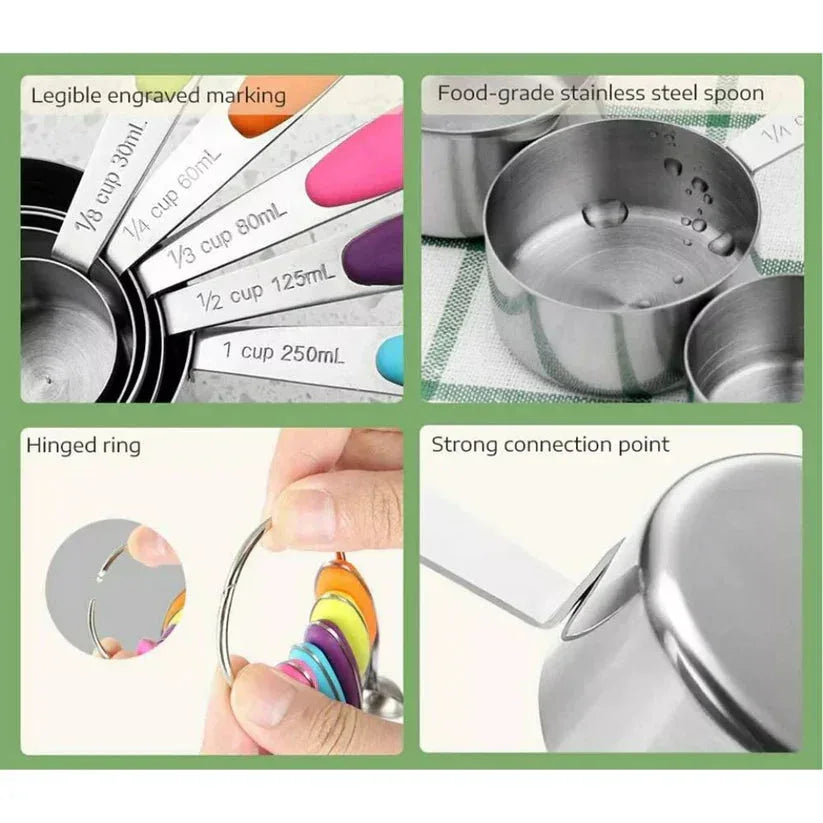 Collage of measuring cups with text highlighting features like legible markings, food-grade stainless steel, hinged ring, and strong connection point.