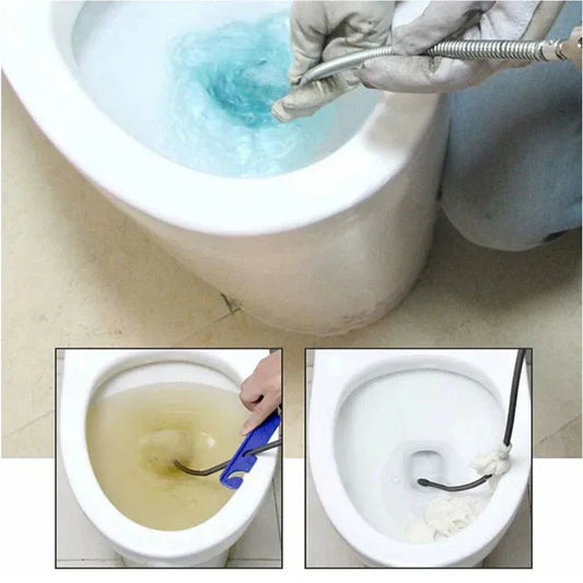 Person cleaning a toilet with a plunger and showing before-and-after effects.