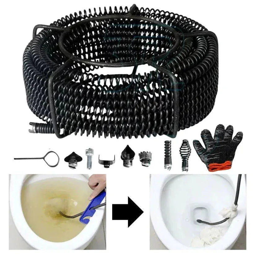 Flexible drain cleaning snake with accessories on a white background