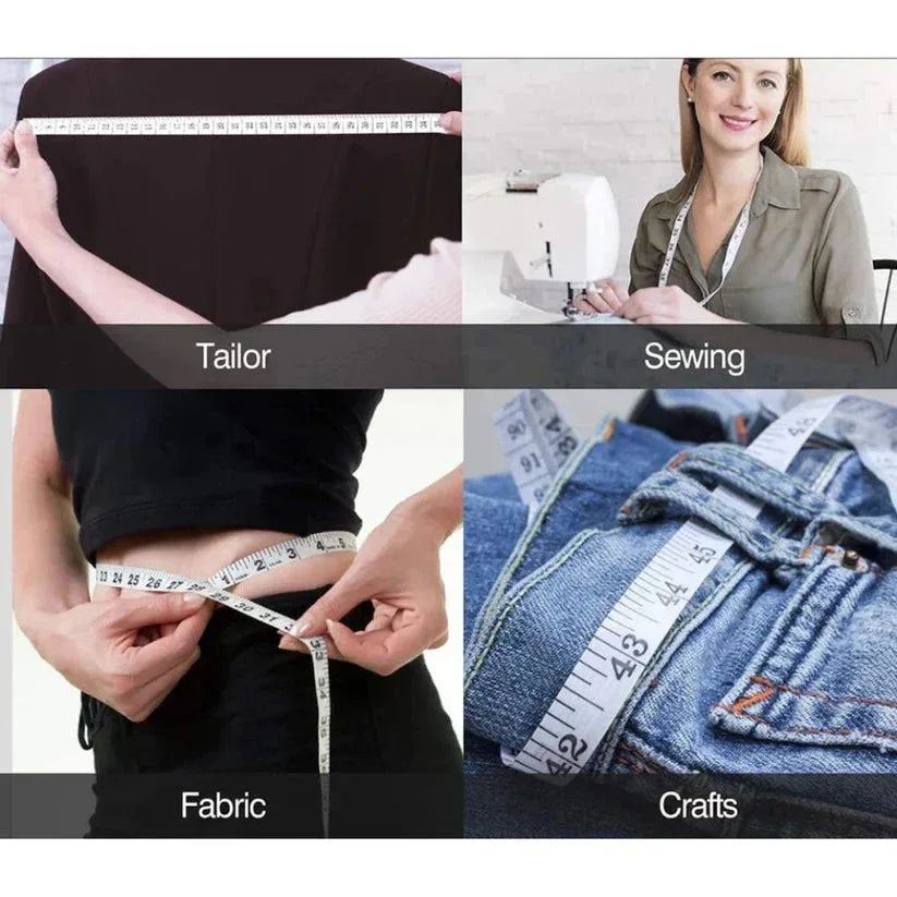 Collage of images related to tailoring, sewing, fabric measurement, and crafts with text labels.