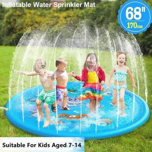 Inflatable water sprinkler mat with children playing on a grassy area