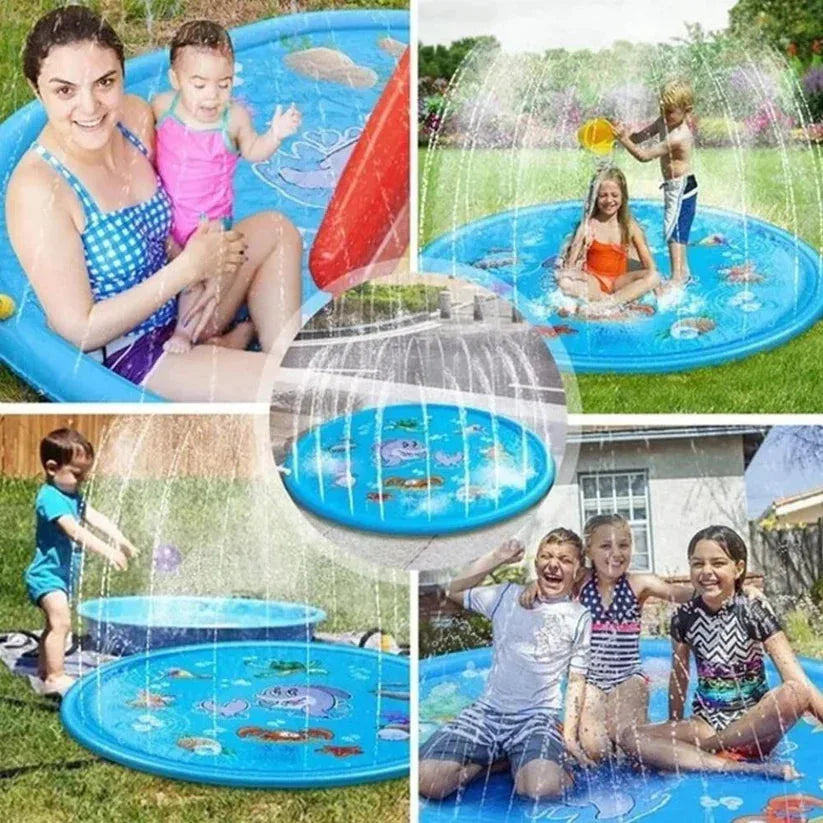Collage of children playing on a inflatable water play mat with sprinklers.