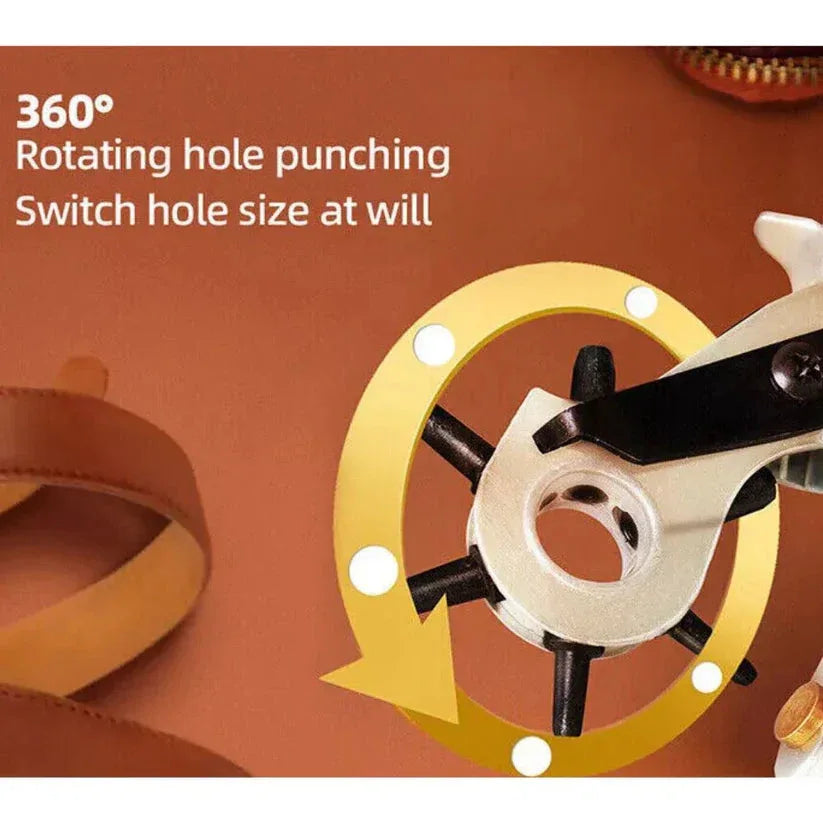Punch tool with 360-degree rotation on a brown background