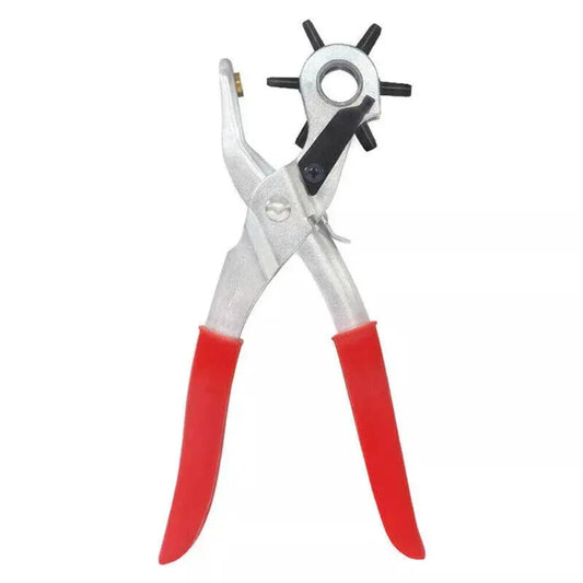 Hole punch tool with red handles on a white background