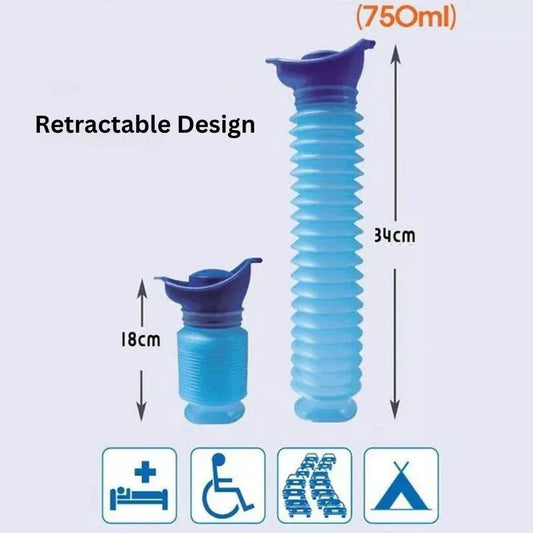 Retractable blue water bottle with measurements and icons on a light purple background
