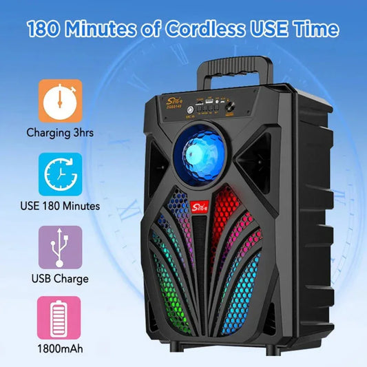 Portable speaker with colorful LED lights and charging information on a blue background