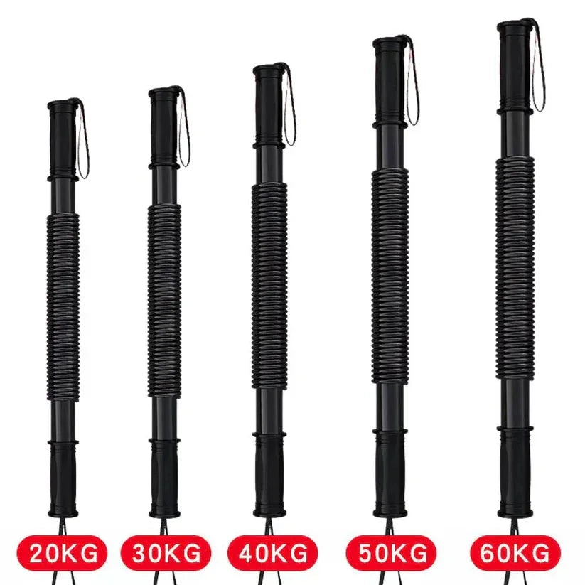 Set of five black spring-loaded sticks with weight indicators on a white background