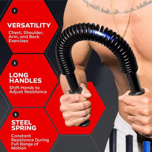 Person using a black and blue resistance training device with text highlighting features on a red and gray background.