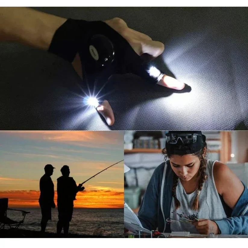 Top: Glove with LED light, Middle: Two people fishing at sunset, Bottom: Person reading a book.