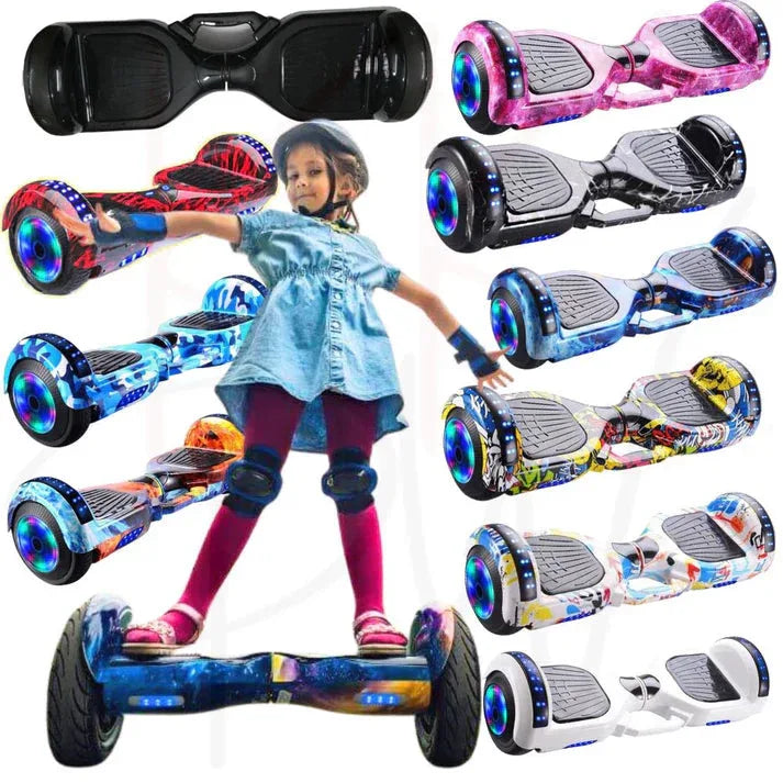 Child standing on a hoverboard with multiple hoverboards displayed around them.