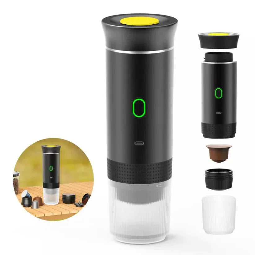 Black and gray portable coffee maker with detachable parts on a white background