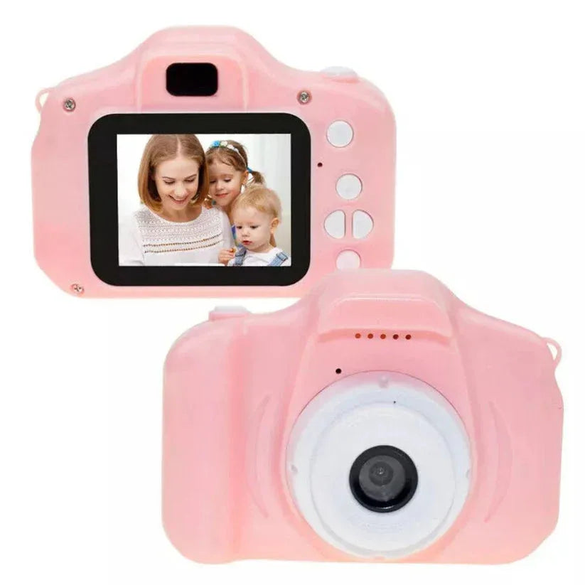 Pink children's camera with a screen displaying a family photo on a white background