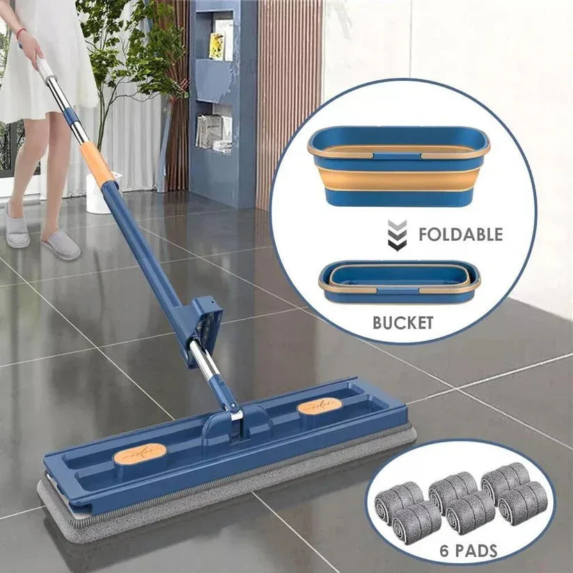 Cleaning tool set with mop, foldable bucket, and pads on a tiled floor.