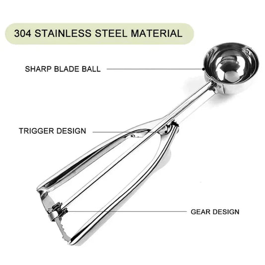 Stainless steel cookie scoop with labeled features on a white background
