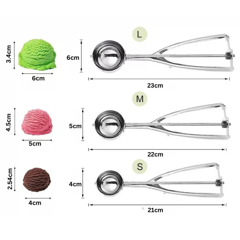 Three ice cream scoops with dimensions and corresponding ice cream balls on a white background