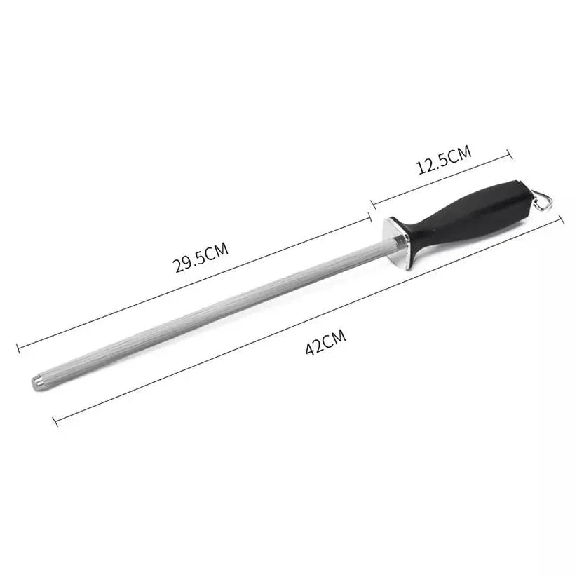 Measuring tool with black handle and silver blade on a white background