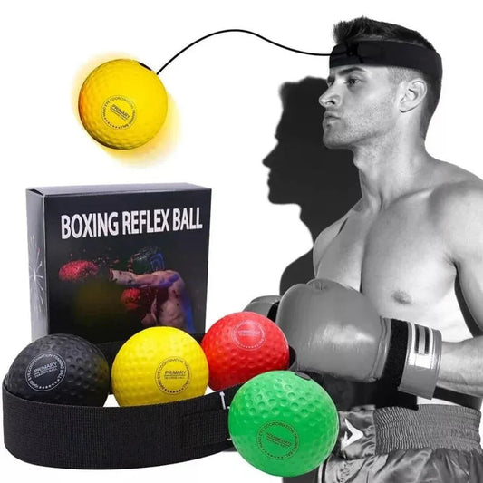 Boxing reflex ball set with packaging and a person wearing boxing gloves and headband.