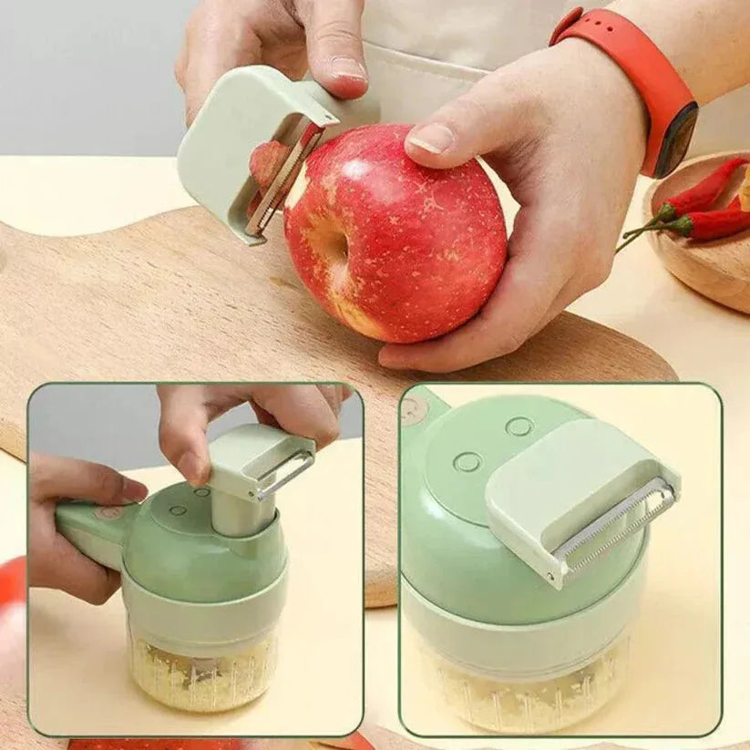 Person using a green apple peeler on an apple with close-up insets showing the peeler and collected apple peels.