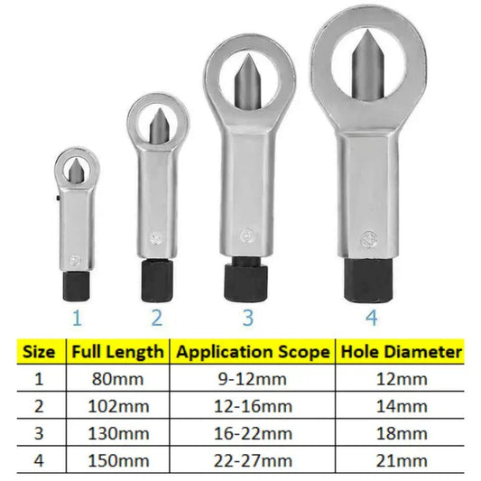 Set of four metal tools with varying sizes and specifications on a white background.