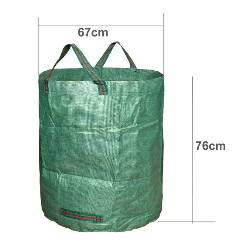 Green garden waste bag with dimensions indicated on a white background