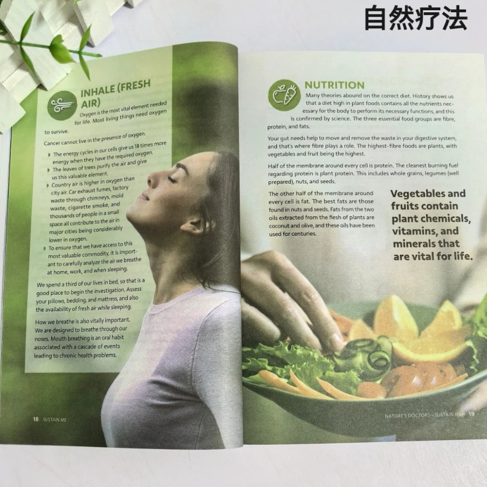 Open book with a woman inhaling fresh air and a plate of vegetables on a white background.