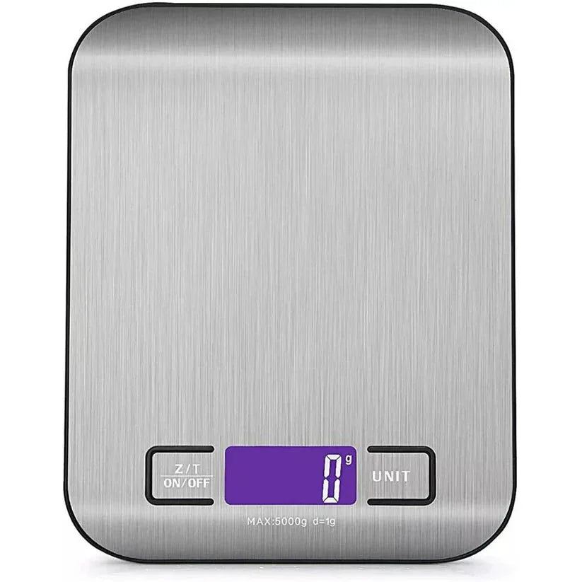 Digital kitchen scale with metallic finish and purple display on a white background