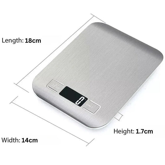 Digital kitchen scale with dimensions labeled on a white background