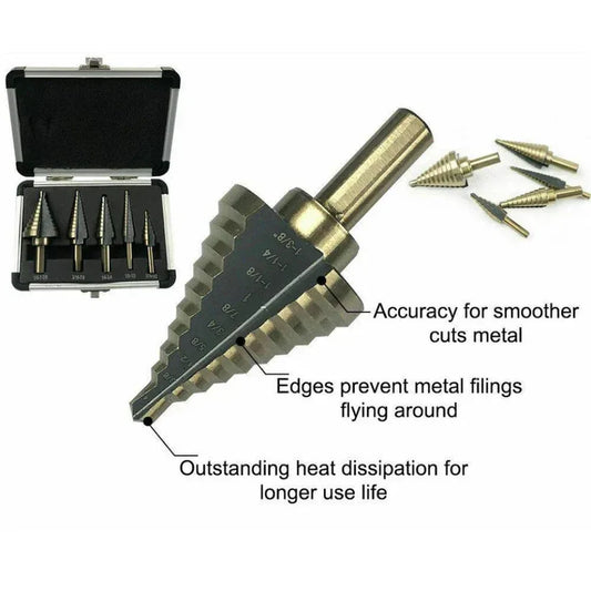 Metal drill bit set with case and features labeled on a white background