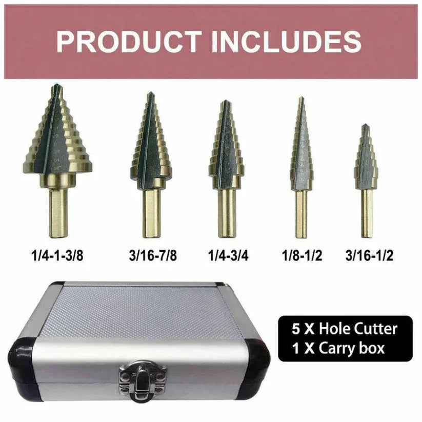 Set of five drill bits with a carrying case, labeled 'Product Includes'.