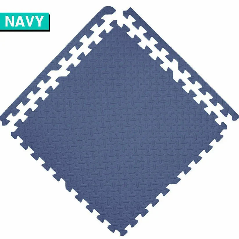 Navy blue interlocking foam mat with white border on a white background