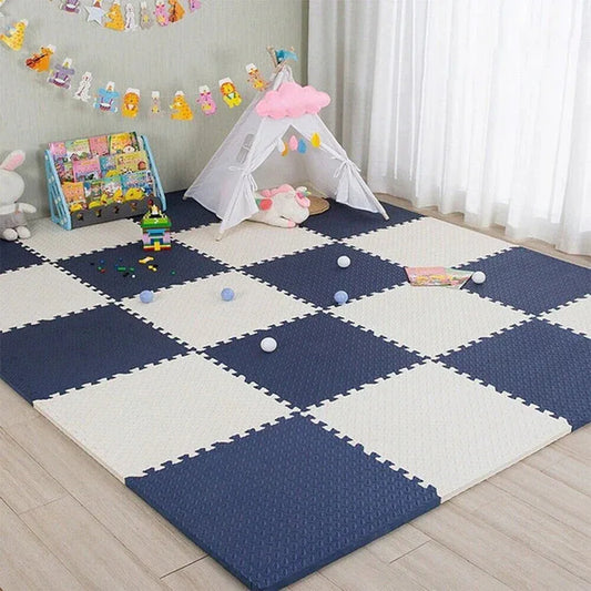 Children's play area with a checkered blue and white mat, toys, and a small tent.