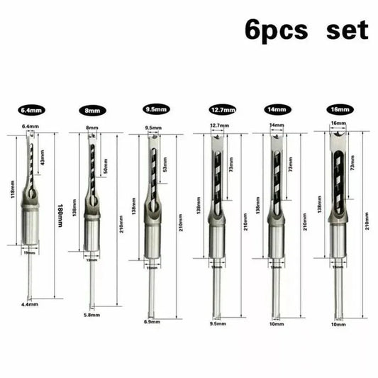 Set of six drill bits with measurements on a white background
