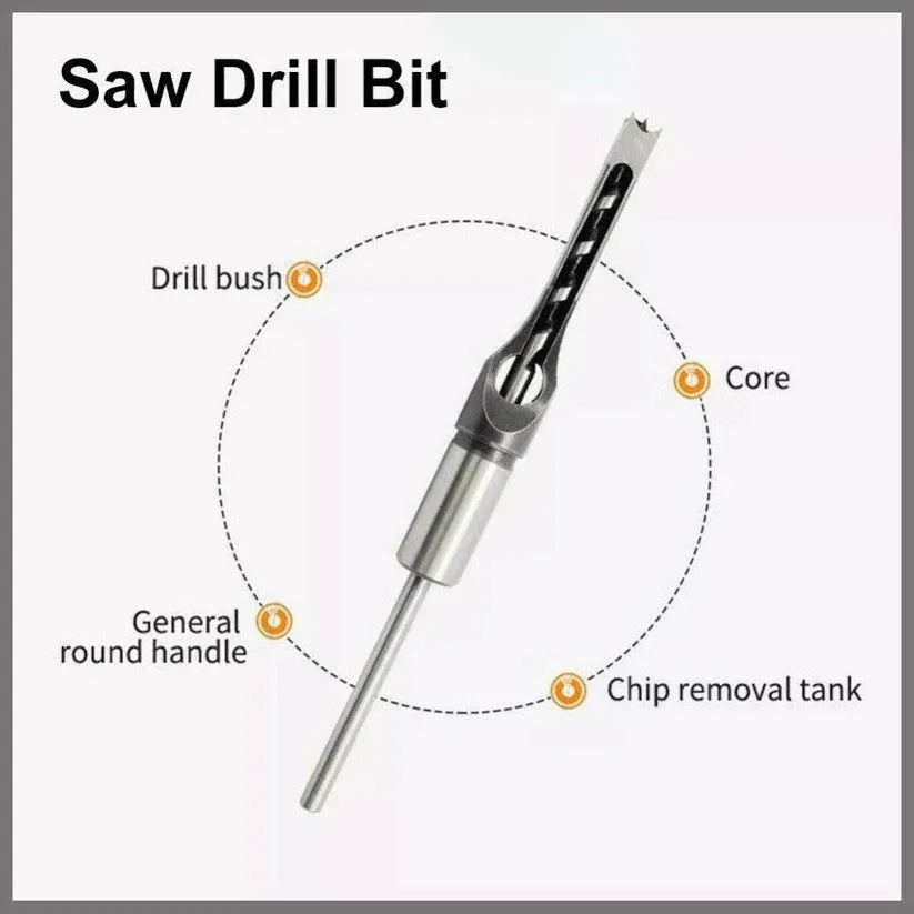 Saw drill bit with labeled parts on a white background