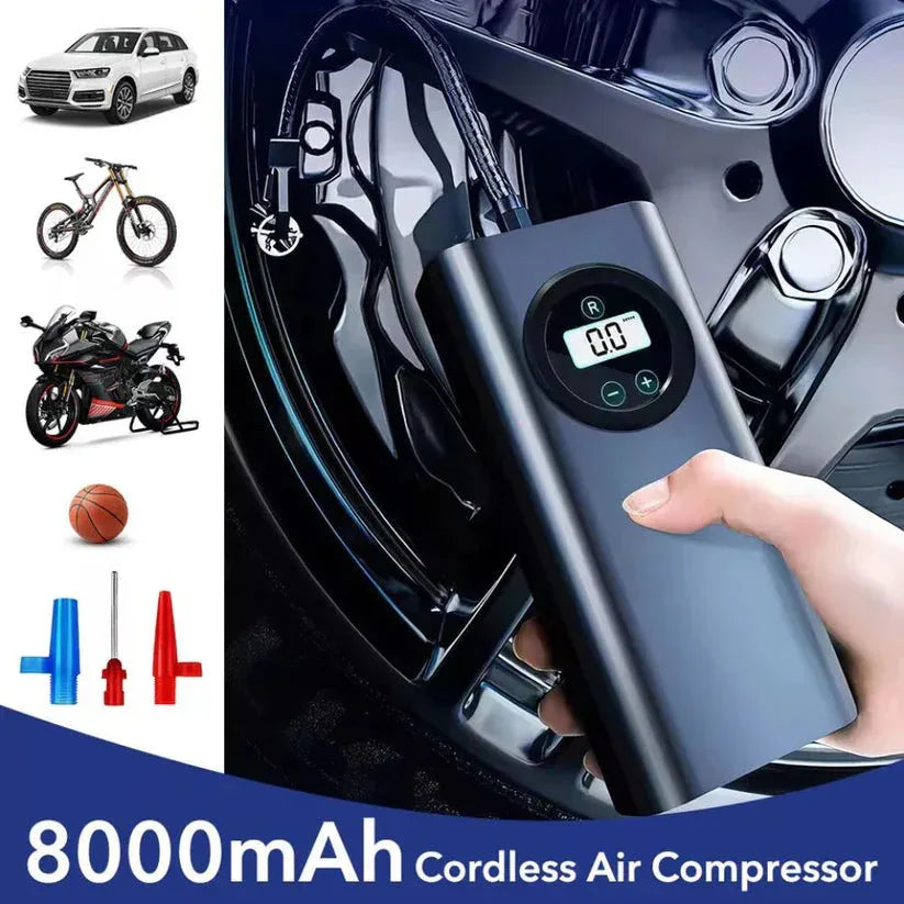 Cordless air compressor being used on a tire with additional images of vehicles and sports balls on the left.