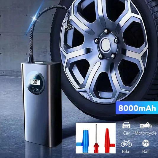 Portable air compressor with digital display next to a car tire, emphasizing its 8000mAh capacity.
