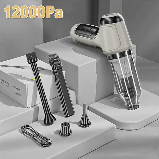 Handheld vacuum cleaner with attachments on a gray background, featuring a pressure rating of 12000Pa.