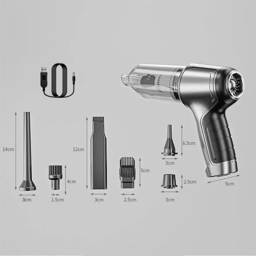 Silver handheld vacuum cleaner with attachments and dimensions on a gray background