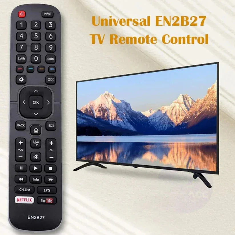 Universal EN2B27 TV remote control with a TV displaying a mountain landscape.