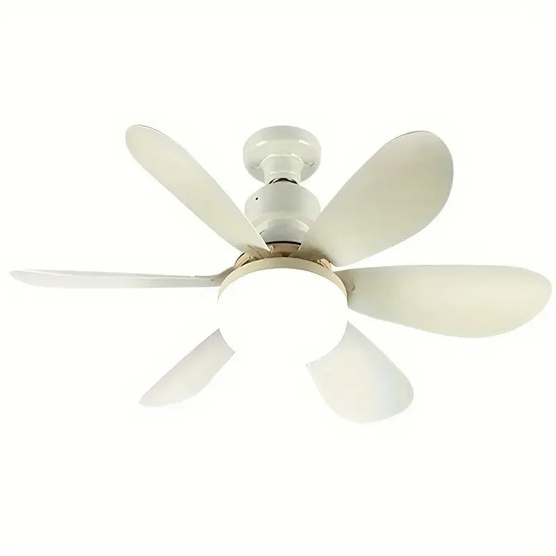 Ceiling fan with white blades on a white background