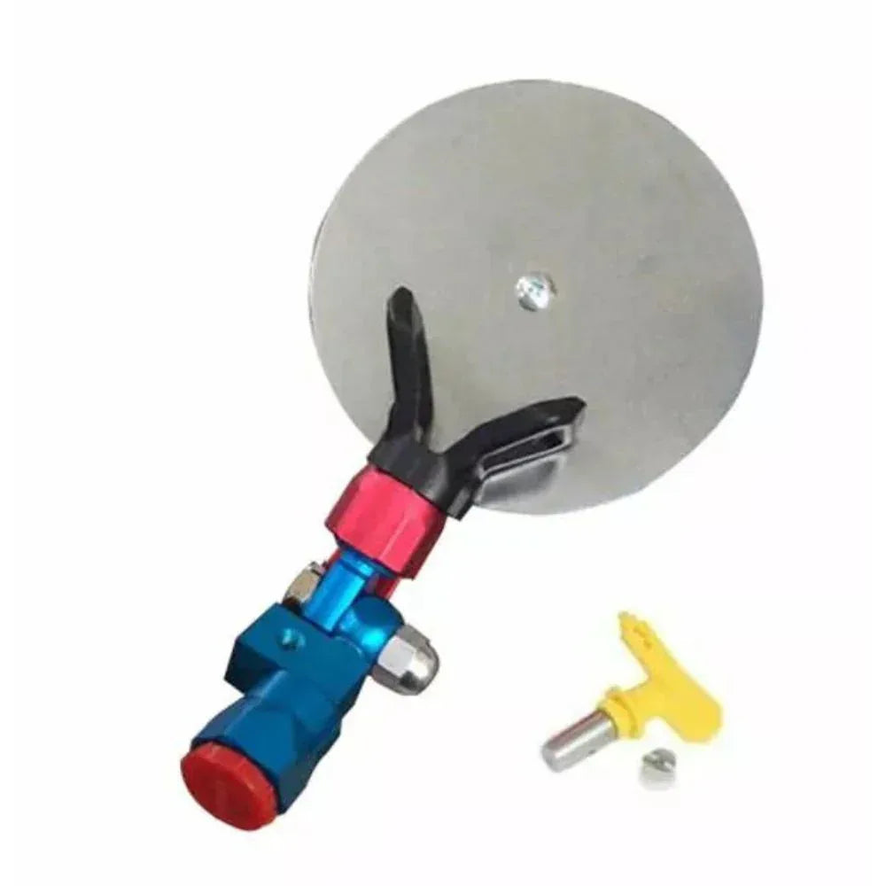 Metallic tool with a circular component and colorful handle on a white background