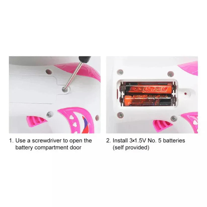 Instructions for opening a battery compartment with a screwdriver and installing batteries.