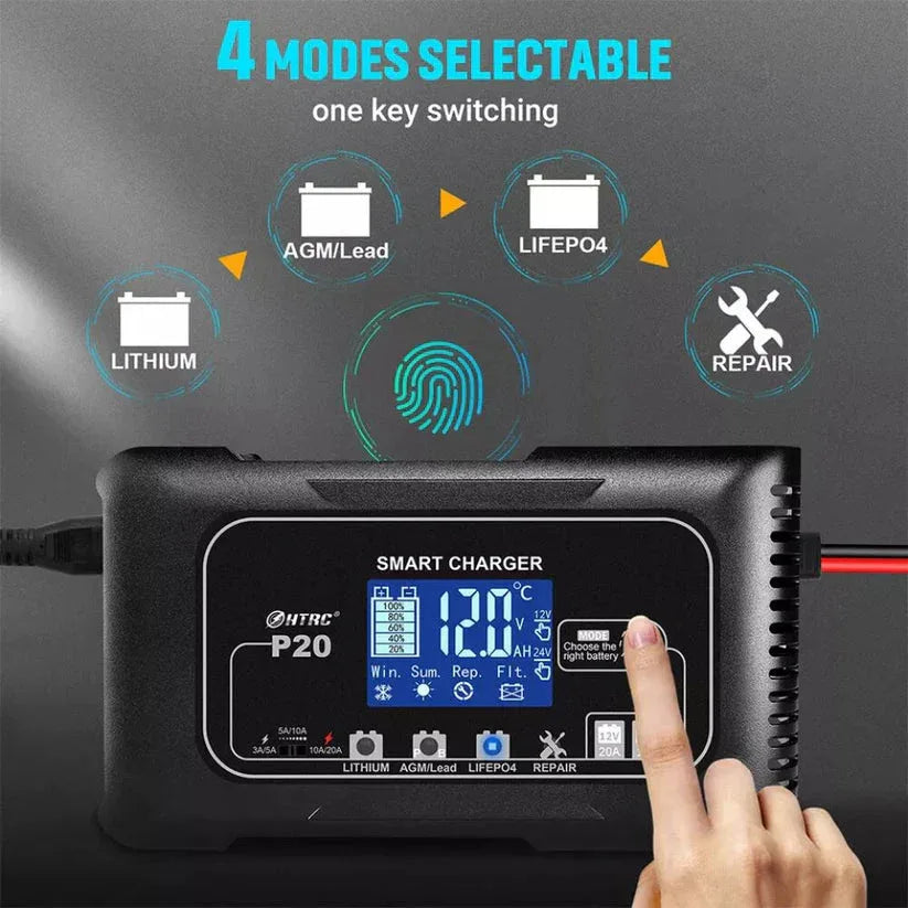 Smart battery charger with digital display and mode selection icons on a dark background
