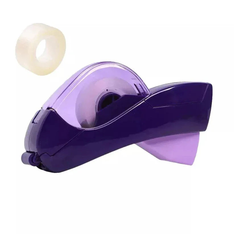 Purple tape dispenser with a roll of tape on a white background