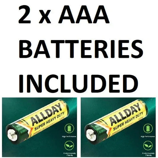 Two AAA batteries with 'Allday Super Heavy Duty' label on a green background, text indicating '2 x AAA Batteries Included'.
