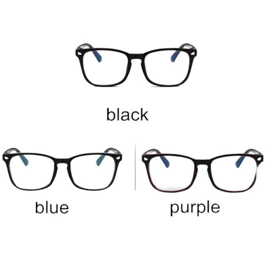 Three pairs of glasses in black, blue, and purple on a white background