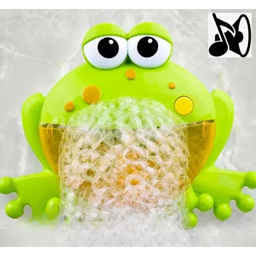 Green frog-shaped bubble machine with bubbles on a white background