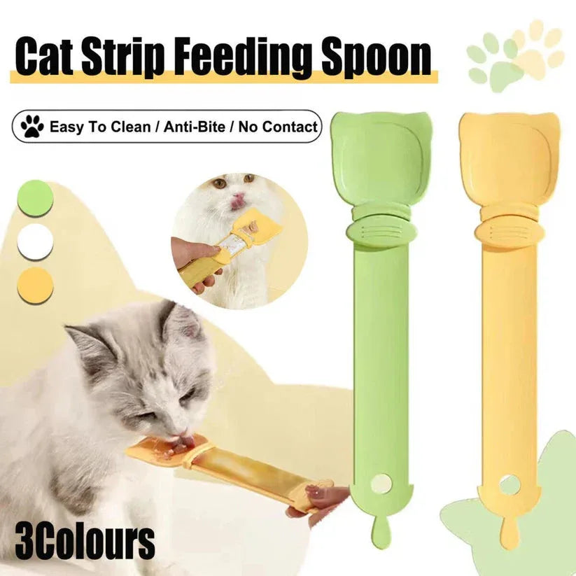 Cat strip feeding spoon with green and yellow options on a white background