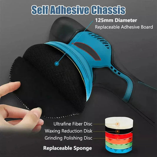 Car polisher with self-adhesive chassis and interchangeable discs on a gray background