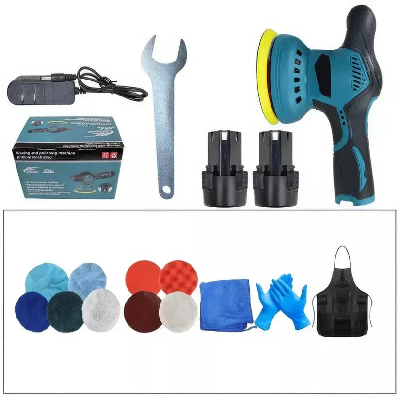 Automotive detailing tool set with polisher, attachments, and accessories on a white background